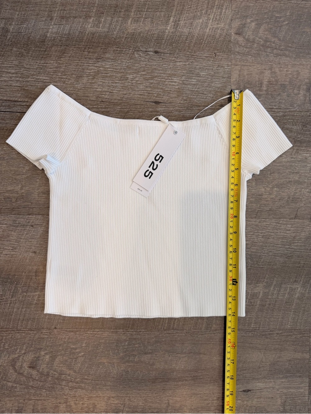 NWT 525 Off-The-Shoulder Ribbed Knit Crop Top White Sz S Soft Stretch Minimalist - Picture 6 of 6